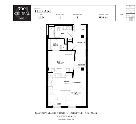 One Bed One Bath Hiram Floorplan  at 700 Central Apartments, Minneapolis, Minnesota